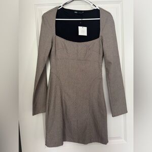 ZARA Plaid Tailored Academia Mini Dress w/ Square Neck And Long Sleeves S NWT